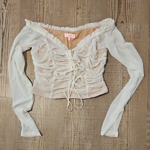 Re:Named Cream Ruched Fairy Off-Shoulder Cropped  Top